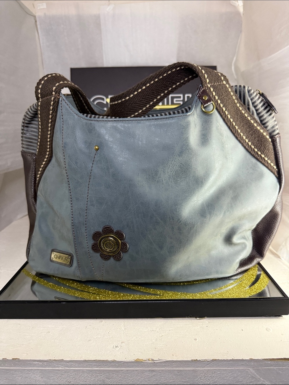 Chala Blue and Brown Floral Accent Shoulder Tote